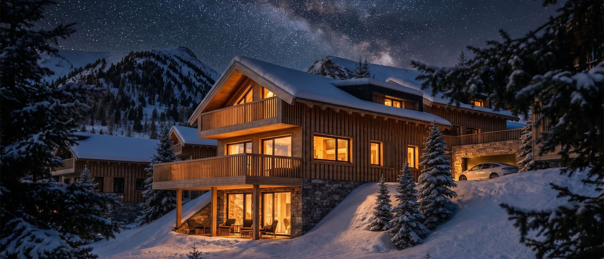 Alpenchalet bei Nacht unter dem Sternenhimmel