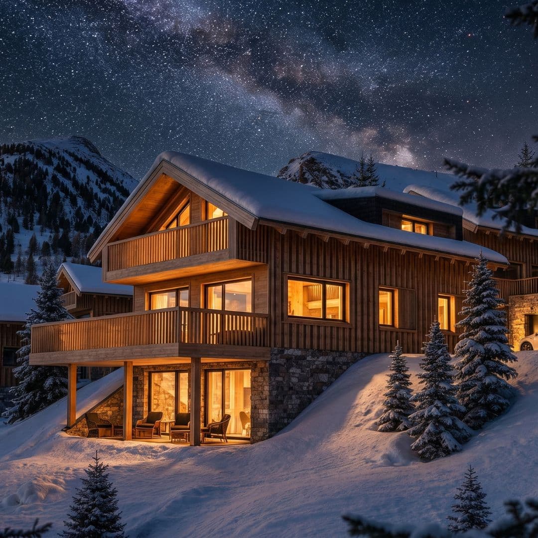 Alpenchalet bei Nacht unter dem Sternenhimmel